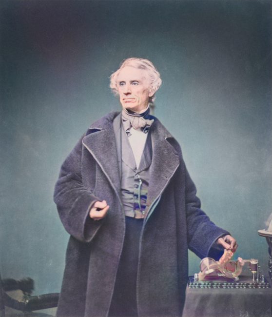Samuel Morse (1791 - 1872), Morse with his recorder. Photograph taken by Mathew Brady in 1857. Colorized by DeepAI