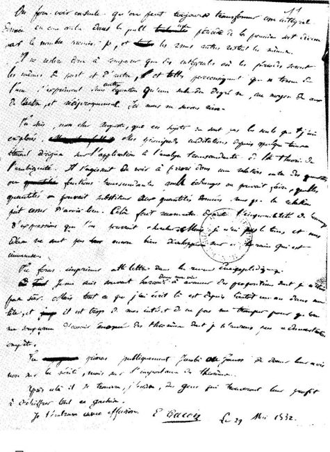 The final page of Galois's mathematical testament, in his own hand. The phrase "to decipher all this mess" ("déchiffrer tout ce gâchis") is on the second to the last line.