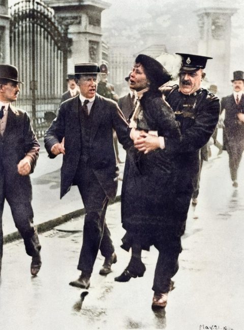 Emmeline Pankhurst is arrested by police outside Buckingham Palace, in May 1914