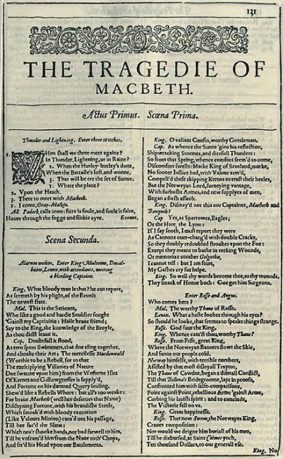 The first page of Shakespeare's Macbeth from the First Folio (1623), PastelKos, CC BY-SA 4.0 <https://creativecommons.org/licenses/by-sa/4.0>, via Wikimedia Commons