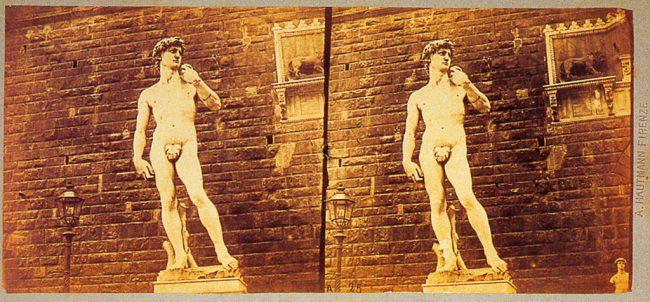 The expulsion of the Renaissance - Michelangelo's David with fig leaf. Stereo photograph by Anton Hautmann, Florence, between 1858 and 1862. Unlike paintings or photographs, stereo photographs could not be retouched unnoticed at that time. So the fig leaf was really there, probably since the end of the Renaissance. Shown is the original statue, which was moved to the building only 20 years later. Then, at the beginning of the 20th century, a copy was placed in this place.