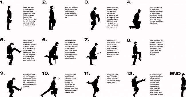 Typical silly walk gait with instructions