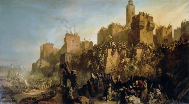 A depiction of a battle of Jerusalem that never was. The painting was commissioned in 1846 following French rumors that depicted Jacques Molay as having captured Jerusalem in 1299. In reality, after Jerusalem was lost in 1244, it wasn't under Christian control till 1917, date at which the British Empire took it from the Ottomans.
