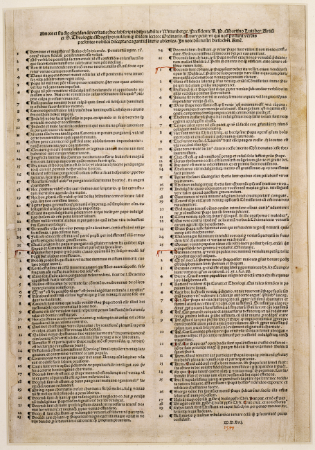 A single page printing of the Ninety-Five Theses in two columns (1517), BErlin State Library