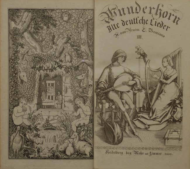 A. von Arnim, C. Brentano, Des Knaben Wunderhorn, Frontispiece and title-page, Volume 3, published in 1808, <br/>H.-P. 06:28, 30. Jun. 2008 (CEST), CC BY-SA 2.0 DE, via Wikimedia Commons