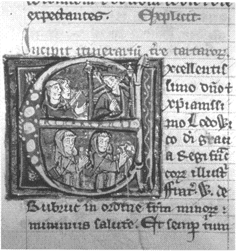 The top half of this initial from a 14th century copy of the manuscript shows in the top half the report presented to Louis IX, and in the lower half William of Rubruck is depicted with a companion during the voyage