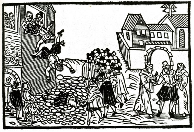 The Defenestration of Prague on a contemporary woodcut, 1618