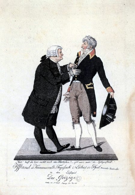Iffland as Fegesack and Franz Labes as Arrow in Molière's "The Miser", Act I, 3rd performance, lithograph by Friedrich Weise after a Berlin performance c. 1810