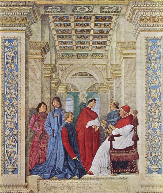 Pope Sixtus IV appoints Bartolomeo Platina as Prefect of the Vatican Library. Fresco by Melozzo da Forlì