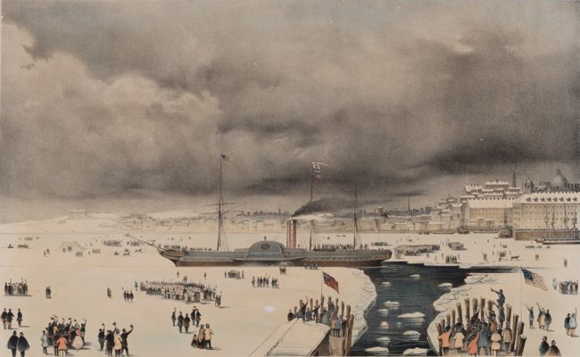 This Print representing the B & N.A. Royal Mail Steamship Britannia John Hewitt, Commander, leaving her dock at East Boston on the 3rd of February 1844 on her voyage to Liverpool (through) a canal cut in the ice 7 miles long