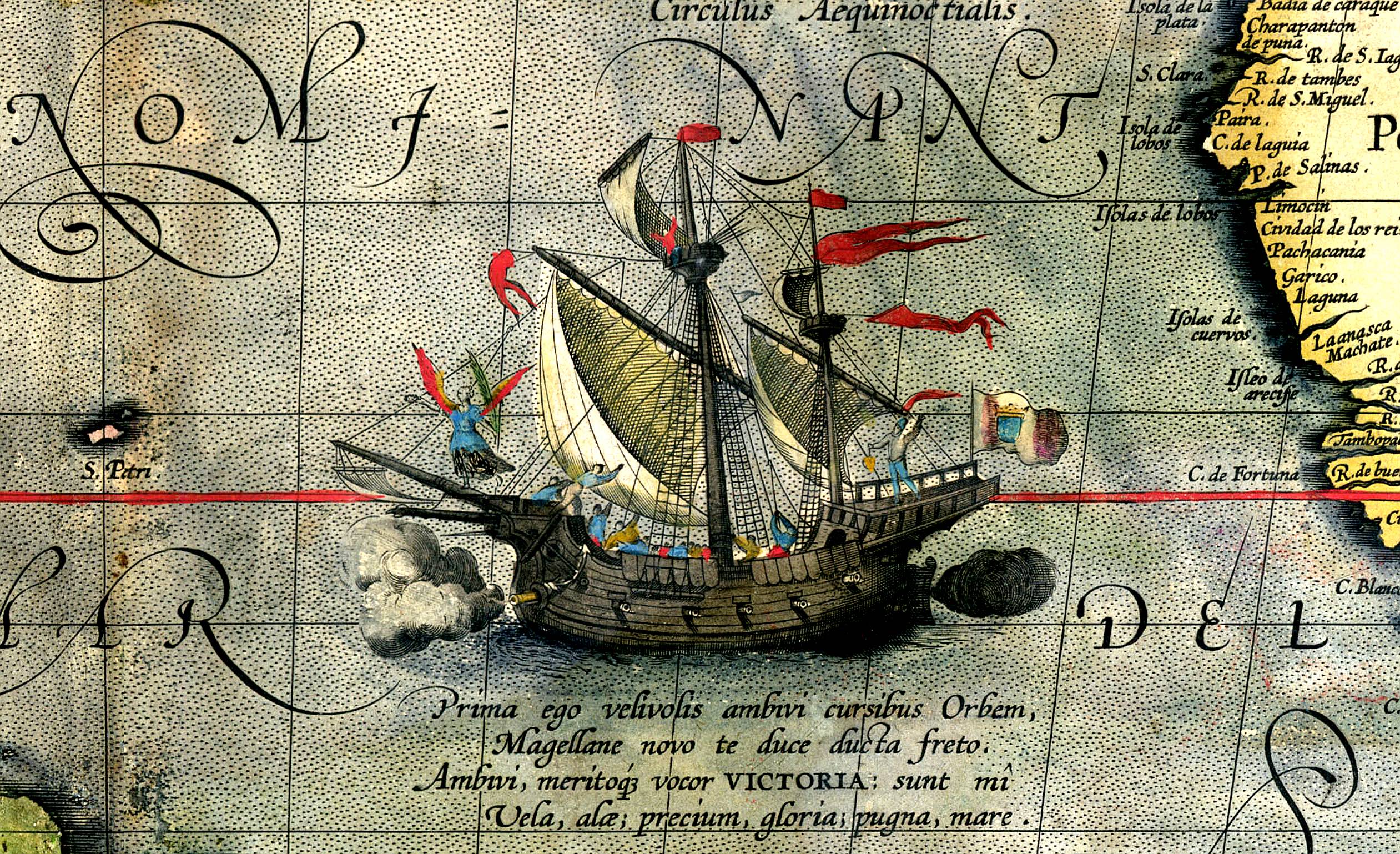 Magellan's ship Victoria, detail from a world map by Abraham Ortelius, 1590