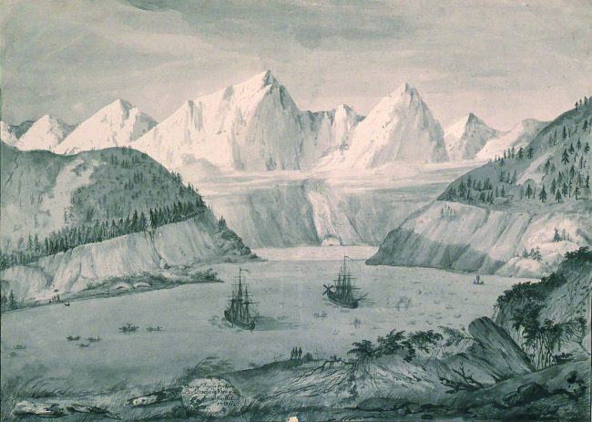 The frigates l'Astrolabe and la Boussole at anchor in July 1786 at Port des Français in North America (west coast). La Pérouse expedition, drawing made during the anchorage. Today Lituya Bay.