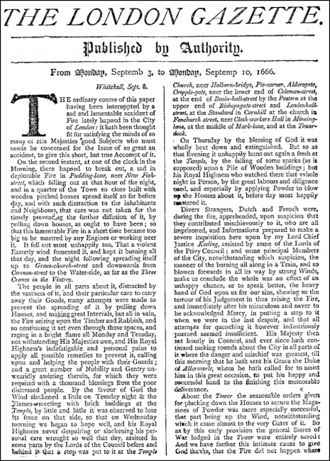 The London Gazette for 3–10 September, facsimile front page with an account of the Great Fire.