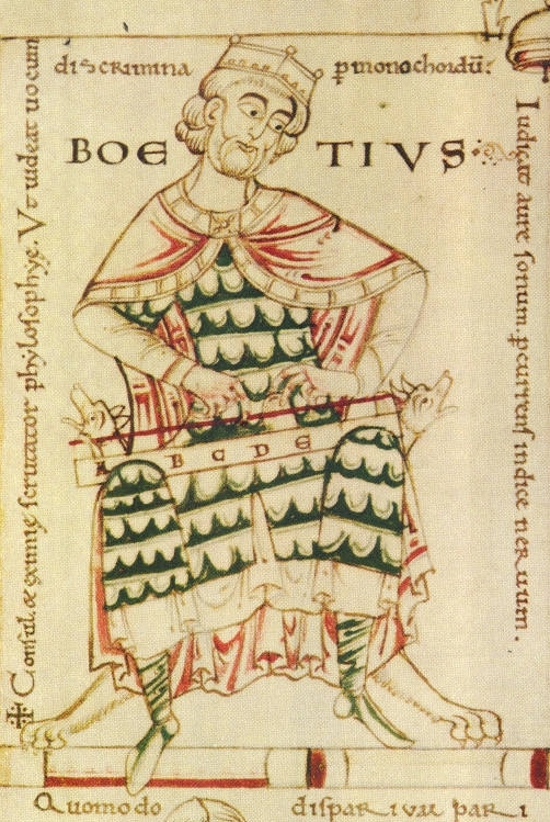De institutione musica by Boethius, 12th century, Cambridge University Library. Note: Medieval illustraion of Anicius Manlius Severinus Boëthius (a late-antique philosopher).