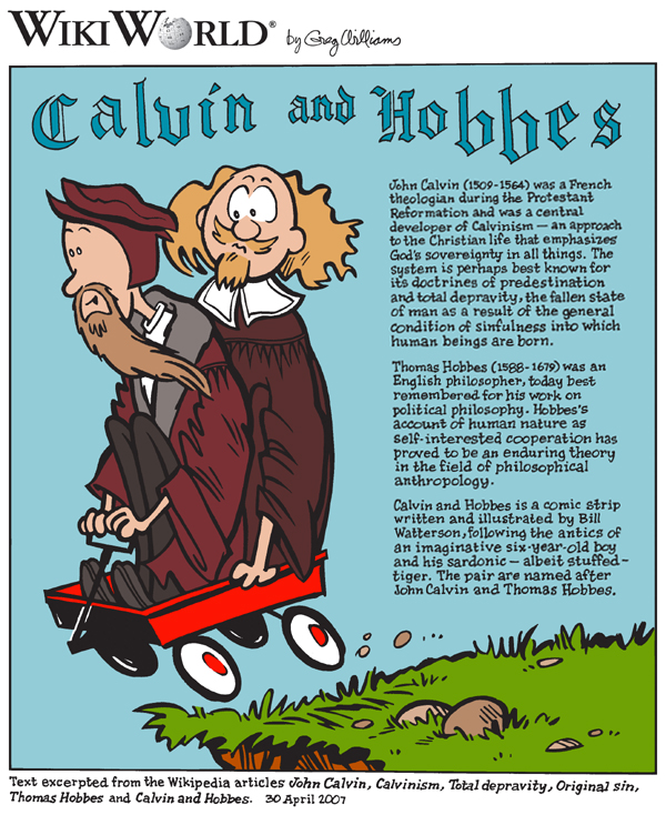 WikiWorld comic based on articles about John Calvin, Thomas Hobbes and the Calvin and Hobbes comic strip.