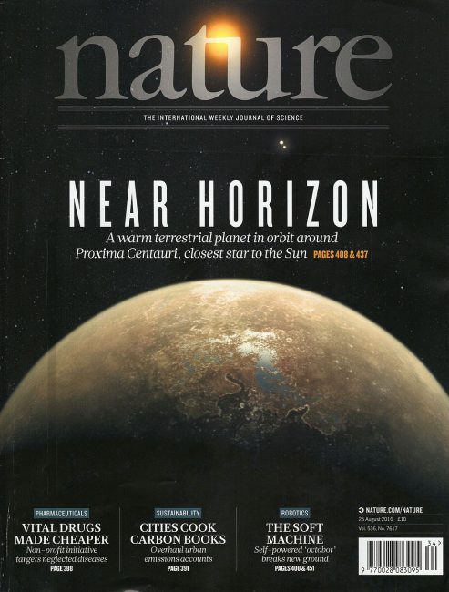 Nature volume 536 number 7617 cover displaying an artist’s impression of Proxima Centauri
