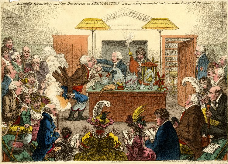  1802 satirical cartoon by James Gillray showing a Royal Institution lecture on pneumatics, with Davy holding the bellows and Count Rumford looking on at extreme right. Dr Thomas Garnett is the lecturer, holding the victim's nose.