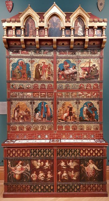 Ornate bookcase, with mythological and religious representations. Designed by William Burges (1827-1881) and painted between 1859 and 1862