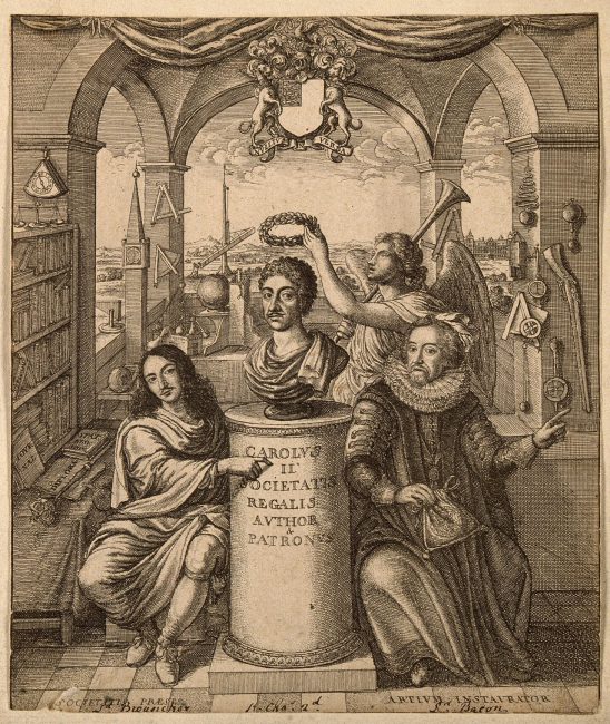 Francis Bacon and William Brouncker flanking a bust of King Charles II set on a pedestal, surrounded by signs and symbols of scientific learning in a rooftop room at Gresham College. Engraving by W. Hollar, 1667