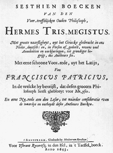 Cover page of the Dutch translation of the Corpus Hermeticum by Abraham Willemsz van Beyerland, 1643