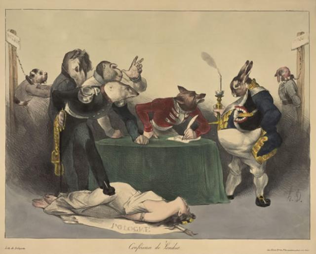 Daumier, 1832: 'Conference of London'; - info: 'At this conference the borders between Belgium,Luxemburg and Holland were redrawn'