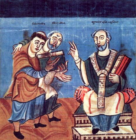 The young Hrabanus Maurus (left), supported by his teacher Alkuin, the abbot of the monastery of St. Martin of Tours (centre), presents his work De laudibus sanctae crucis to St. Martin, Archbishop of Tours, later mistakenly called Archbishop Otgar of Mainz. Representation in a manuscript from Fulda around 830/40