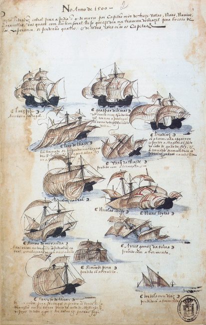 Twelve of 13 ships that were part of Cabral's fleet are depicted. Many were lost, as can be seen in this drawing from Memória das Armadas, c.1568