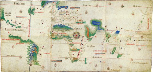 Cantino planisphere 1502, one of the earliest surviving charts showing the explorations of Pedro Álvares Cabral to Brazil. The Tordesillas line is also depicted.