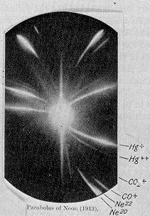 In the bottom right corner of this photographic plate are markings for the two isotopes of neon: neon-20 and neon-22.