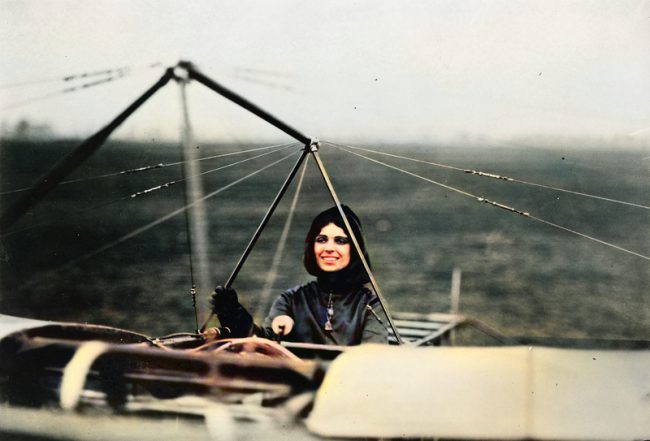 Harriet Quimby (1875-1912) in the Moisant monoplane she learned to fly