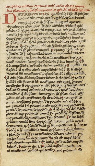 Anselm of Canterbuty, The first page of a 12th-century manuscript of the De Concordia