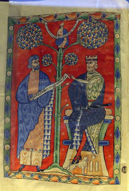 Pliny (left) presents Emperor Titus with a volume of writing with the dedication of his work. Book illumination in a manuscript of the Naturalis historia. Florence, Biblioteca Medicea Laurenziana, Plut. 82.1, fol. 2v (early 13th century)