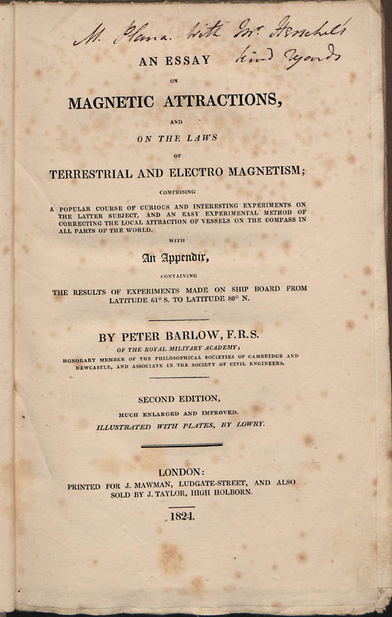 Essay on magnetic attractions, and on the laws of terrestrial and electro magnetism, 1824