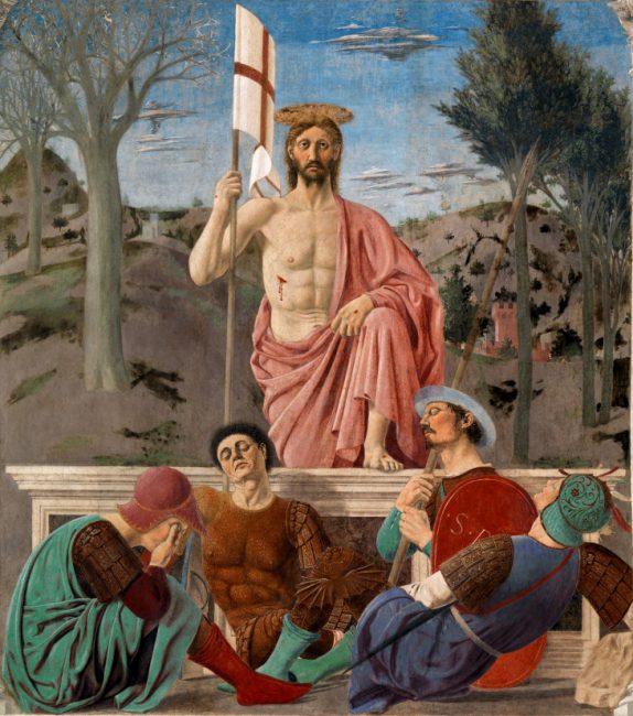 Presumed self-portrait of Piero della Francesca (lower left center) in a fresco depicting the resurrection of Jesus Christ (Museo Civico, Sansepolcro)