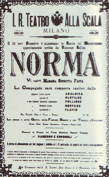 Premiere Poster for Bellini's Norma, at La Scala in Milan on 26 December 1831