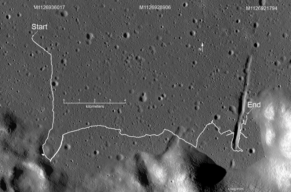 LUNOKHOD 2 TRAVERSE OVERVIEW Lunokhod 2 traverse overview, low resolution version of six LROC NAC image mosaic (original 1.3 m pixel scale), Sun from the west (see also Abdrakhimov LPSC 42 abstract). NASA / GSFC / Arizona State University