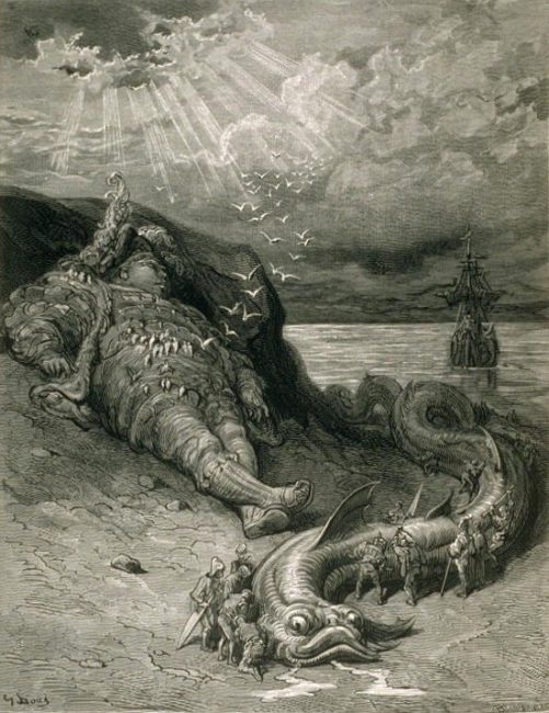 Illustration of Pantagruel for the Fourth Book in the Pantagruel and Gargantua series by François Rabelais, published in Oeuvres de Rabelais (Paris: Garnier Freres, 1873),vol. 2, Book IV, ch. XXXV, opposite title page in the book.