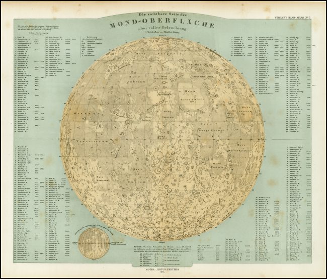Map of the Moon, based on the four quadrants published 1834-1836 by Wilhelm Beer (1797-1850) and Johann Heinrich von Mädler (1794-1874). It was published in 1872 as part of Stielers Handatlas, sixth edition, edited by August Petermann (1822-1878).