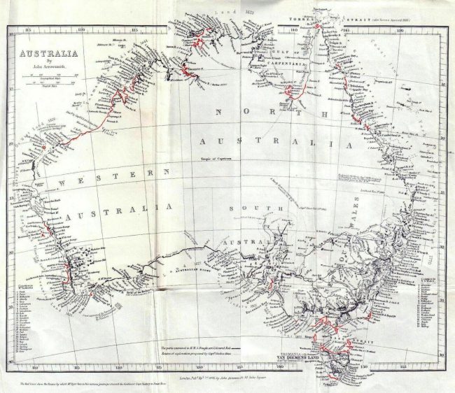 1846 "General Chart of Australia", showing coasts examined by Beagle during the third voyage in red, from John Lort Stokes' Discoveries in Australia
