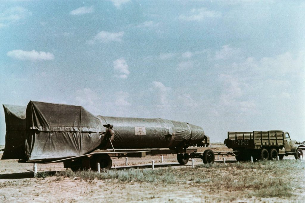 The first A4 rocket (from German stocks) is transported to the launch site on a truck trailer. It was launched on 18 October 1947 from the Kapustin Yar test site, Ministry of Defence of the Russian Federation, CC-BY-4.0