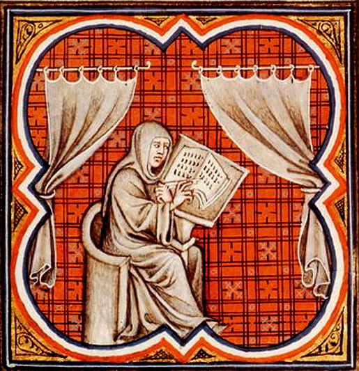 Einhard in the Grandes Chroniques de France, Paris, BnF, lat. 2813, fol. 85v A, 14th century (1375-1380).