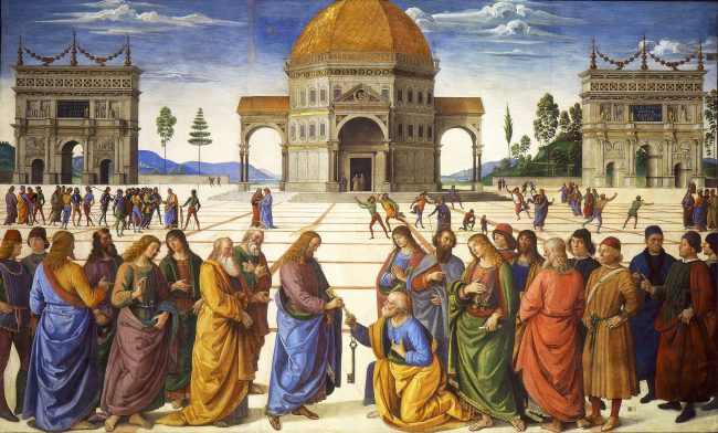 The Delivery of the Keys fresco, 1481–1482, Sistine Chapel, by Perugino (1481–1482), features both linear perspective and Brunelleschi's architectural style