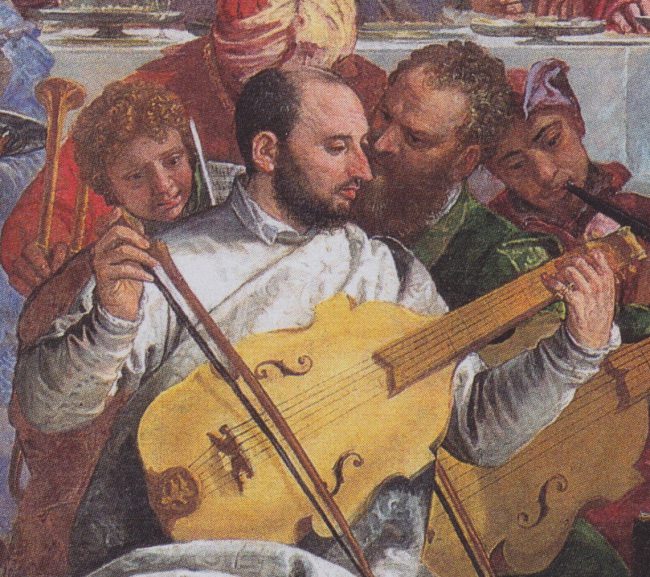 Self-portrait of Paolo Veronese as musician with viola da gamba, directly behind right portrait of Tintoretto. Detail from The Wedding at Cana, Louvre, Paris, 1562-63