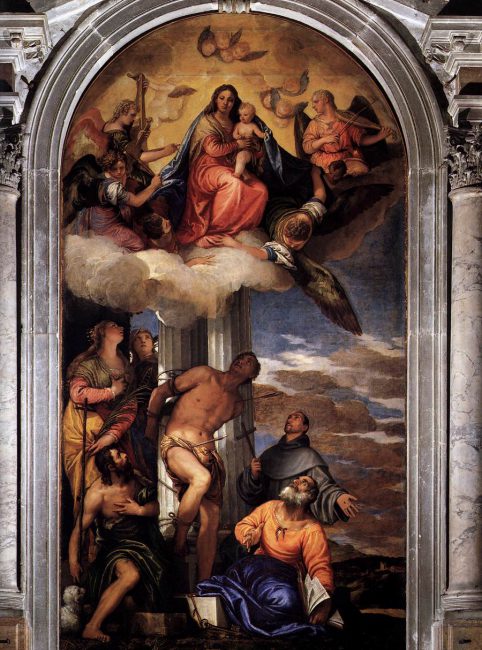 Our Lady in Glory with St. Sebastian and other saints, 420 × 230 cm, main altarpiece of San Sebastiano, Venice, 1565.