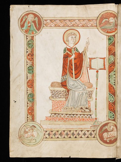 The Venerable Bede writing the Ecclesiastical History of the English People, from a 12th century codex at Engelberg Abbey in Switzerland.